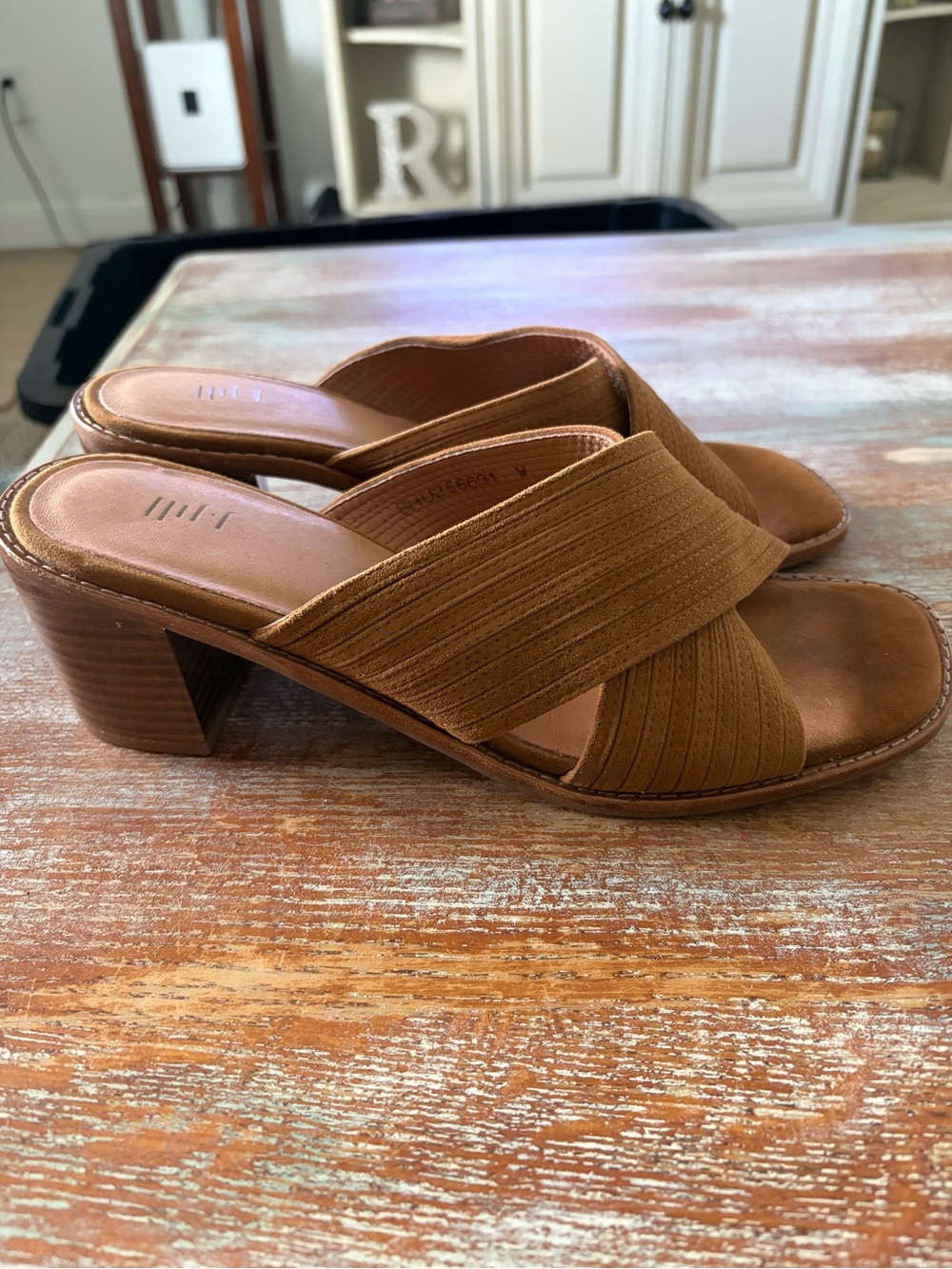 J. Jill Stack Heel Block Sandal Mules Brown Leather Open Toe Shoe Size 9